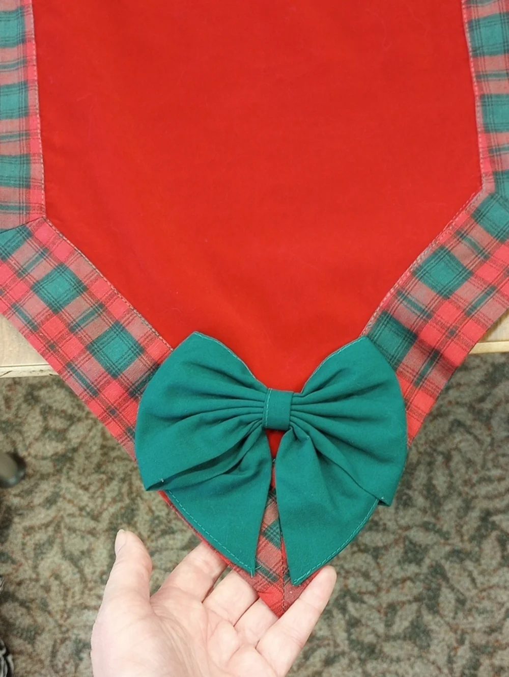 Red Velvet Christmas Holiday Plaid 70 x 13.5 In Vtg Table Runner w/ Green Bows